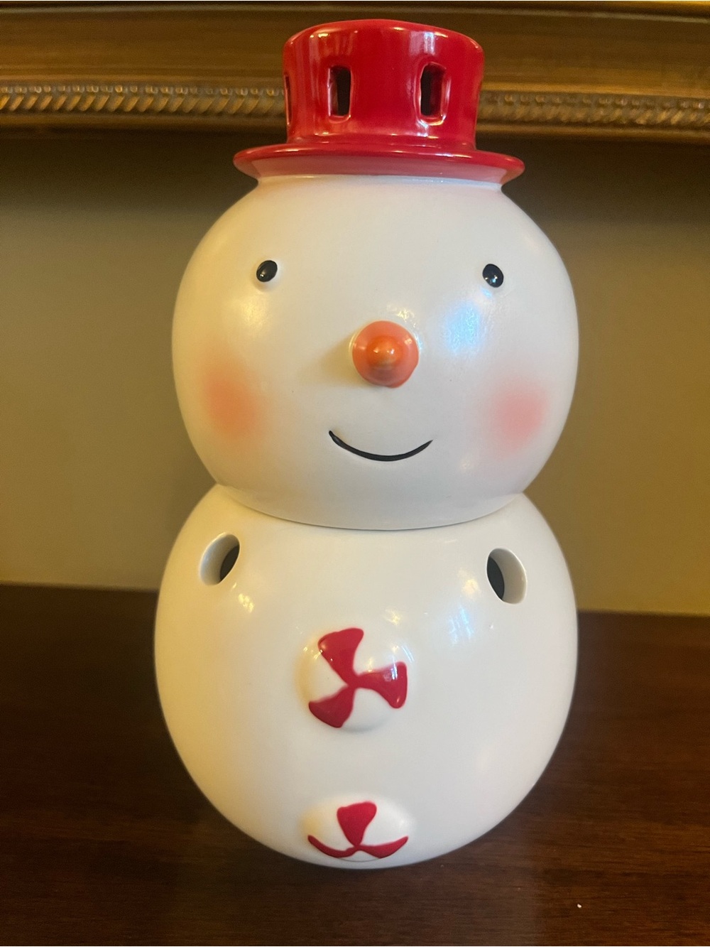Hallmark Retired White and Red Snowman Ceramic Holiday Figurine Tea Light Holder